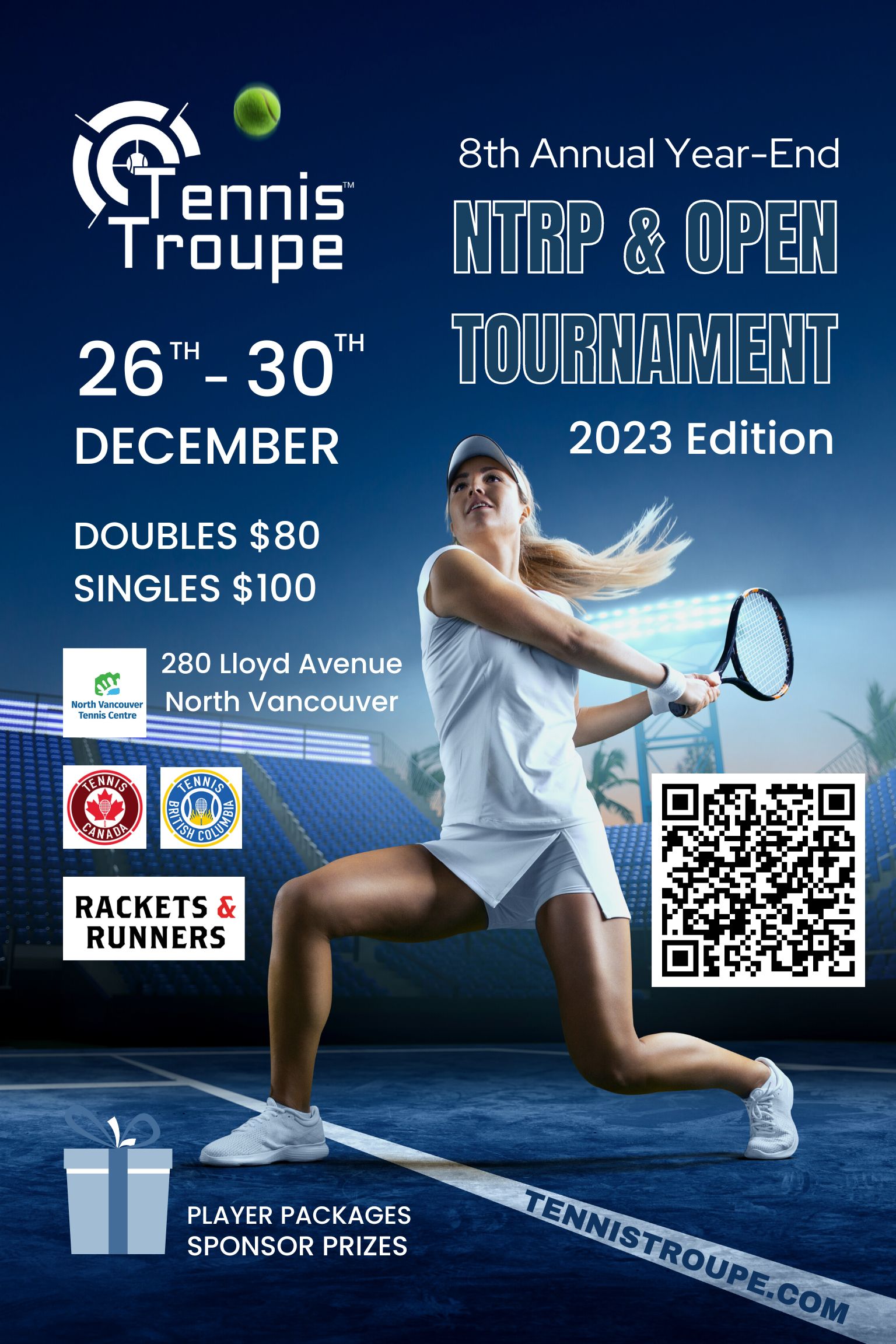 Poster for 2023 Year-End NTRP Tennis Tournament hosted by Tennis Troupe